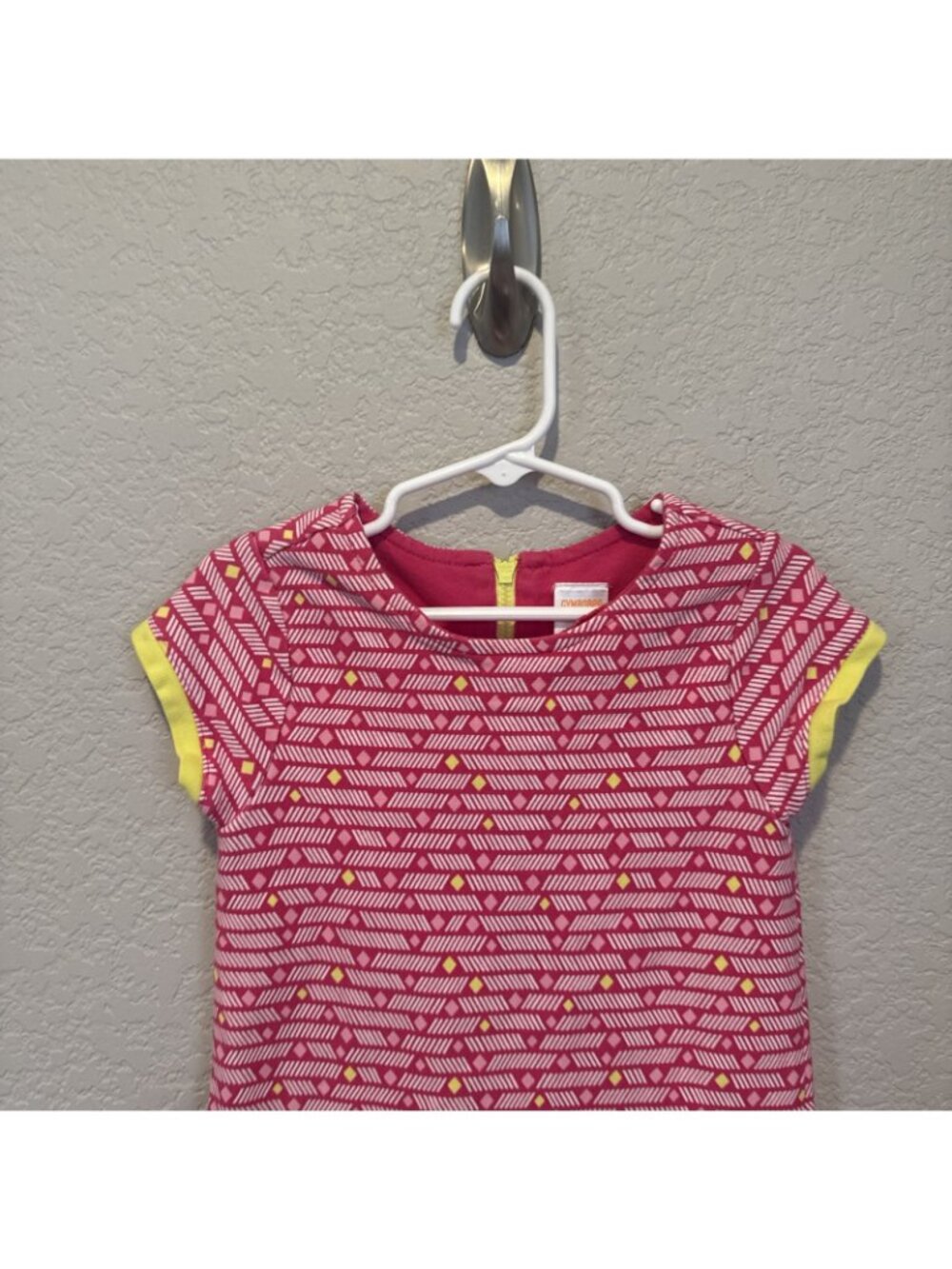 GYMBOREE Dress Pink Yellow drop waist cap sleeve girls 6 Cotton Geometric Knit - Picture 3 of 8